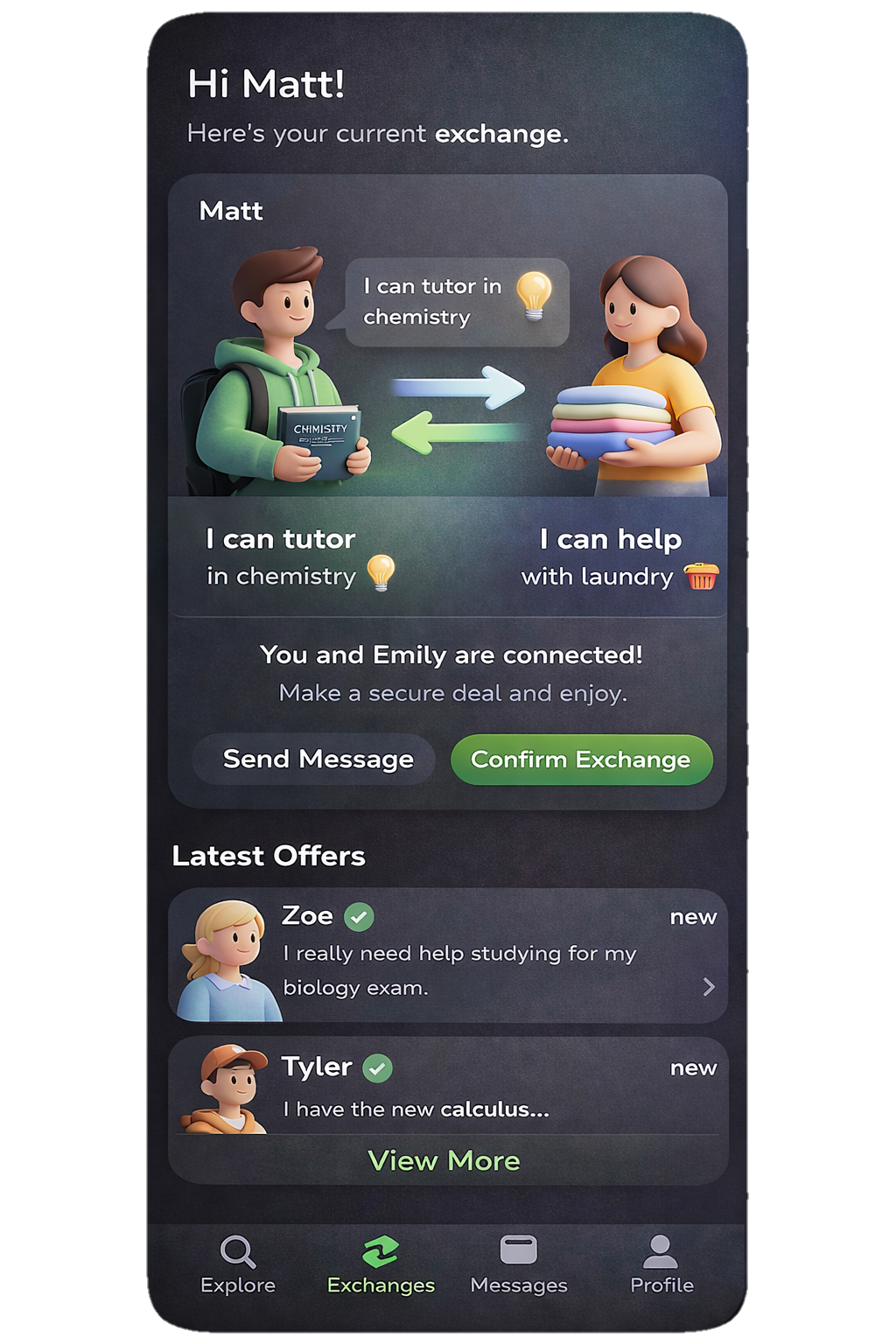 Exchangr Campus app screenshot in a phone